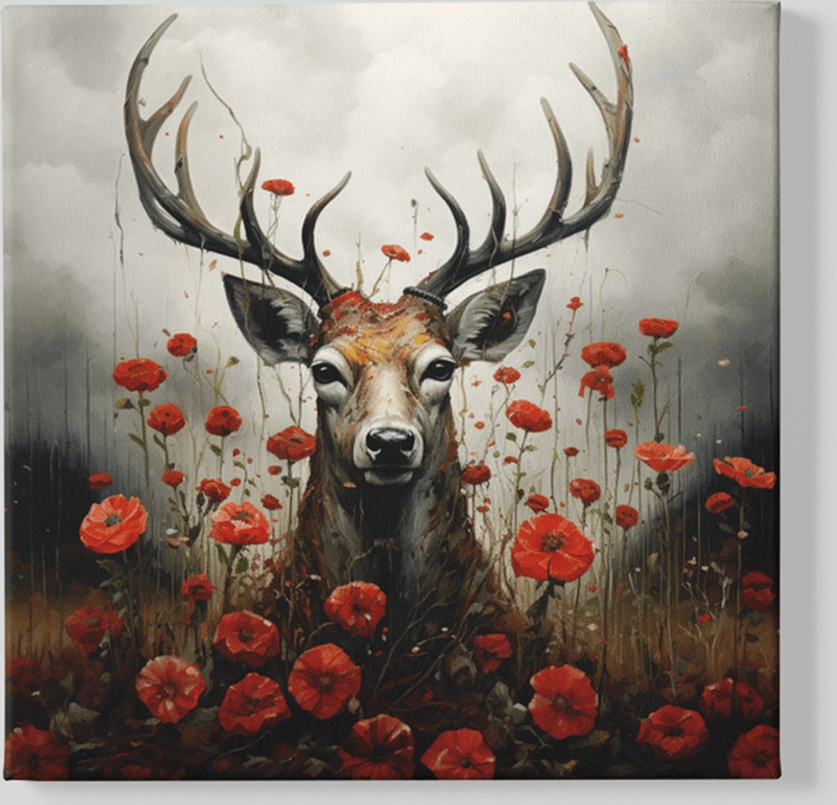 Trendex Global Vierkant Canvas Schilderij - Hert en Bloemen - Dieren - 100x100x2 cm Bruin