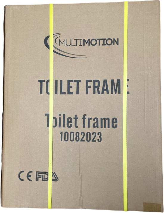 Kartonnen doos met "MULTI MOTION" en "Toilet frame" opdruk. Geel met oranje linten.