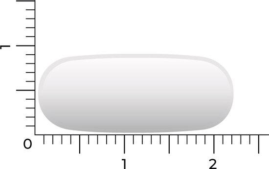 Eén witte, ovale magnesiumbisglycinaattablet met afmetingen.