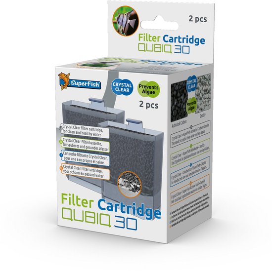 Verpakking met 2 SuperFish Qubiq 30 filterpatronen, met "Crystal Clear" en "Prevents Algae" labels.
