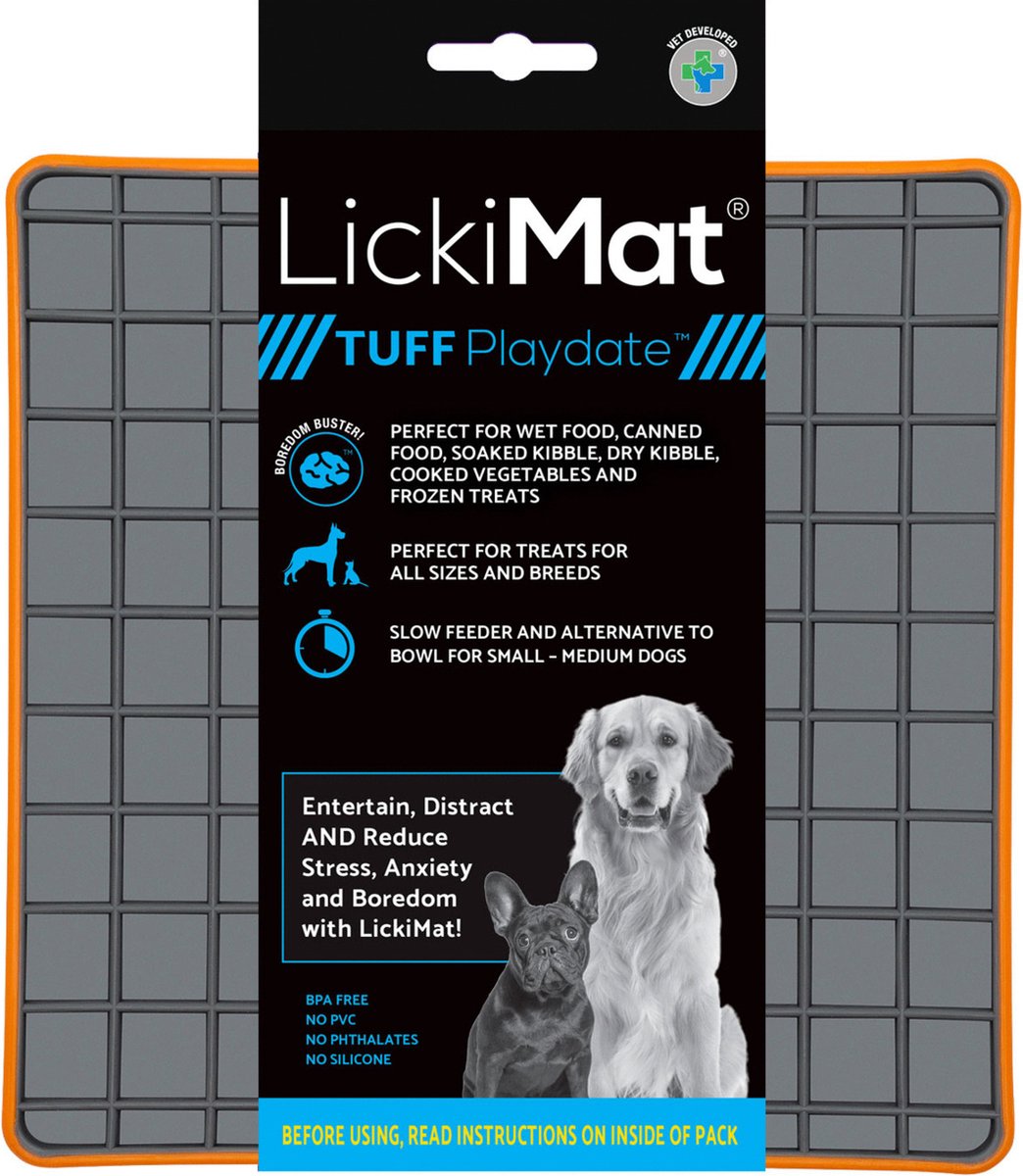 Lickimat Playdate Tuff - Reducerende Stress Voermat 20x20 cm - Hondenvoerbak - Oranje&Grijs