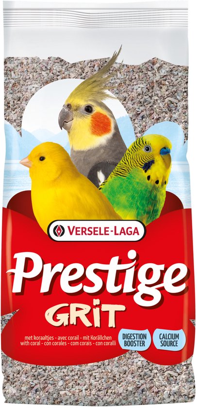 Verpakking met Prestige Grit voor vogels, met een rode band met de tekst "GRIT" en afbeeldingen van een gele kanarie, valkparkiet en grasparkiet.