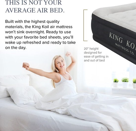 King Koil Luxe luchtmatras, 40,6 cm, tweepersoonsbed, beige met geïntegreerde pomp voor thuis, camping en gasten, luxe luchtmatras, dubbel hoog, verstelbaar, duurzaam