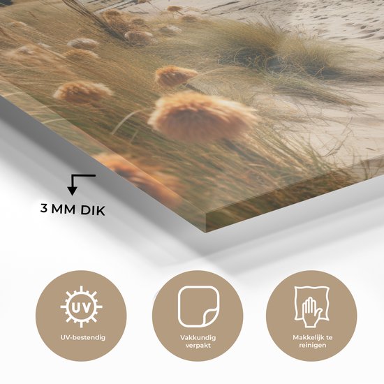 MuchoWow® Glasschilderij 60x40 cm - Schilderij acrylglas - Strand - Duinen - Helmgras - Zee - Zand - Foto op glas - Muurdecoratie woonkamer - Wanddecoratie slaapkamer - Schilderijen