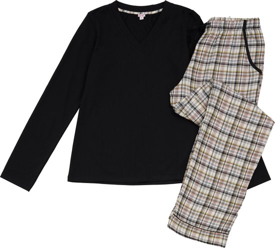 La-V pyjamaset voor dames met geruite flanel broek en V hals top Zwart/Creme M