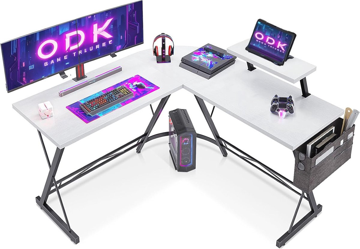 Hoekbureau wit met ronde hoek, gaming desk met monitorplank, 127 x 127 cm