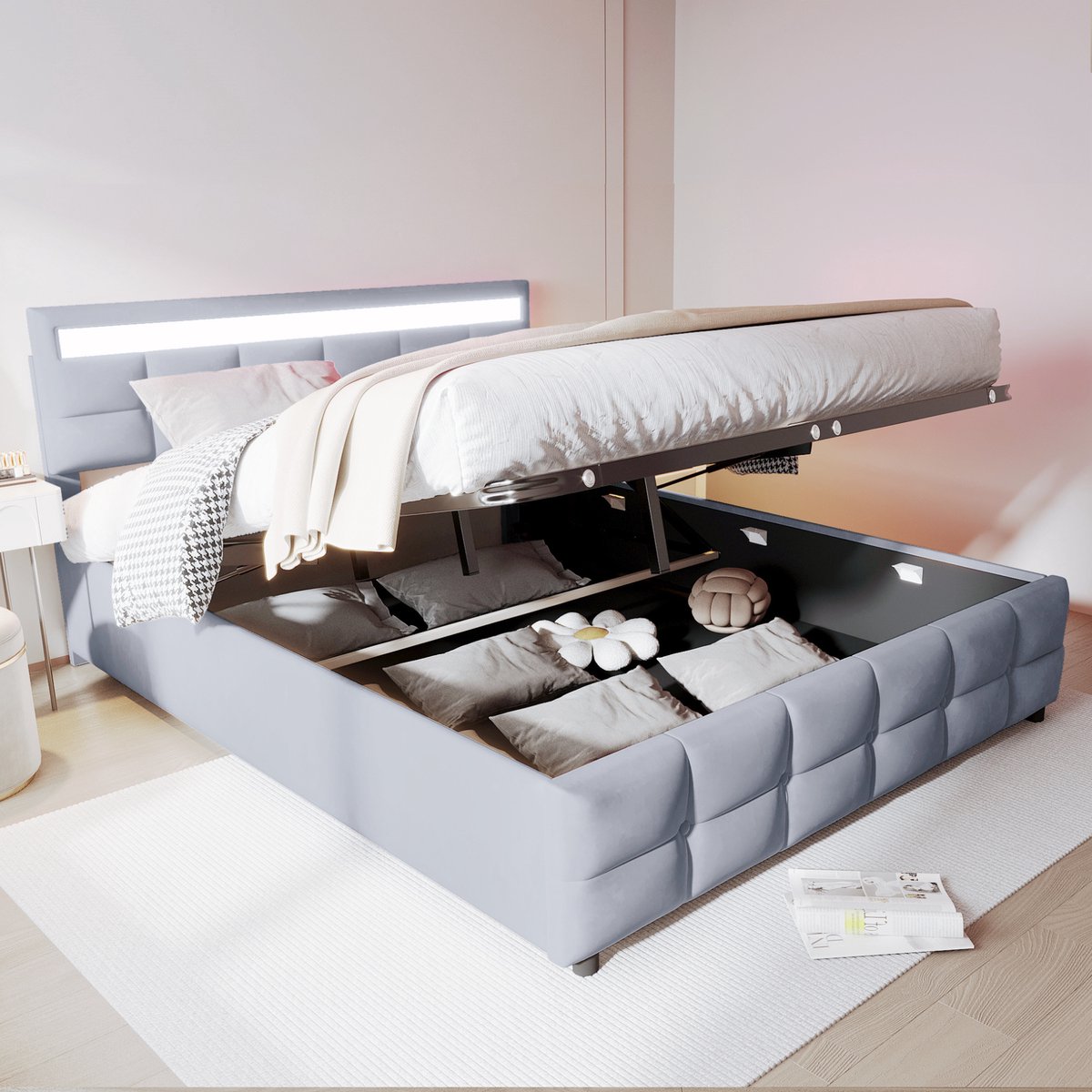 Sweiko Gestoffeerd bed 180*200cm, LED-verlichting, lattenbodem, hydraulisch eenpersoonsbed, fluweelstof, grijs