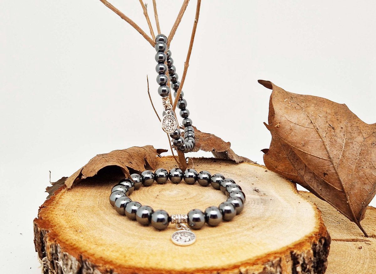 Handgemaakte natuursteen Geluksarmband met hanger "Astrologische Symbolen " Hematiet " -8 mm diameter van de korrel- Diameter armband 20 cm - Kies je favoriete Astrologische Symbolen - Een mooi cadeau voor familie en vrienden