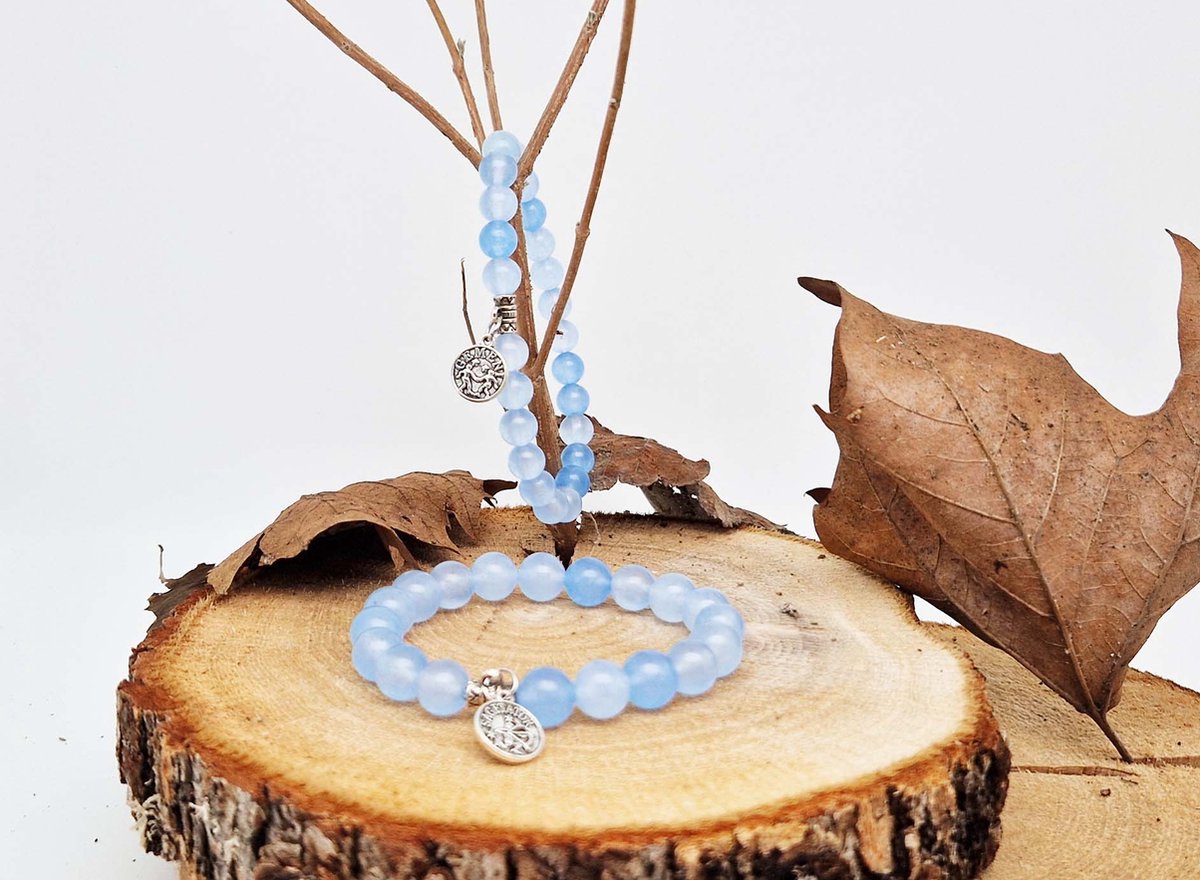 Handgemaakte natuursteen Geluksarmband met hanger "Astrologische Symbolen " Blauwe Jade " -10 mm diameter van de korrel- Diameter armband 20 cm - Kies je favoriete Astrologische Symbolen - Een mooi cadeau voor familie en vrienden