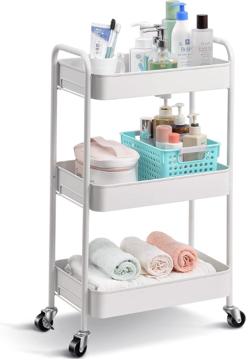 Keukentrolley - 3 Etages Rolwagen - Metaal - Serveerwagen Met Wielen En Handgrepen - Plankwagen Voor Kantoor En Salon - Multifunctionele Wagen Voor Keuken En Badkamer - Cosmetica - Geen Schroef - Eenvoudige Montage