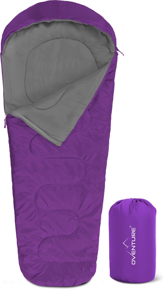 Oventure SleepPlus slaapzak | 230 x 80 cm | Mummy slaapzak | 3-seizoenen | Comfortabel tot 6 °C | Voor kamperen backpacken en festivals | Lichtgewicht en compact | Slaapzak met capuchon | Inclusief draagtas | Paars