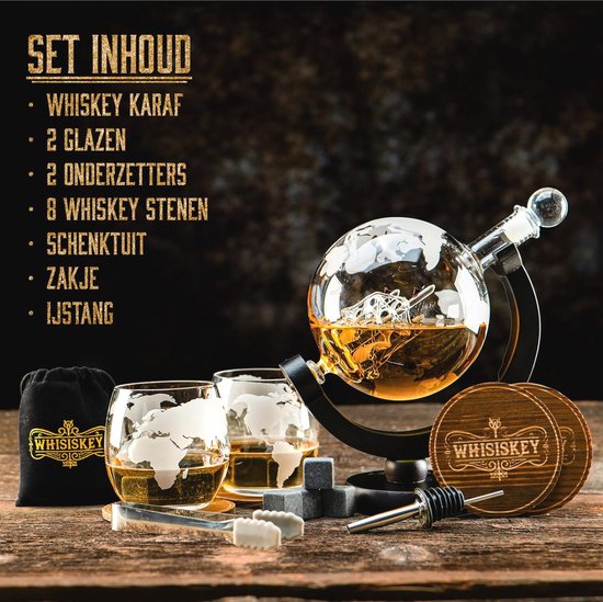 Whisky Karaf Globe Set Met 2 Geëtste Whiskyglazen-Voor Drank Bourbon Wodka, Cade