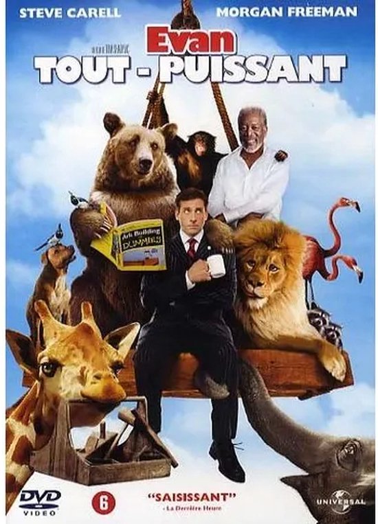 La jaquette DVD d'Evan Almighty montre Steve Carell avec un lion, un ours, un singe, une girafe et un éléphant.