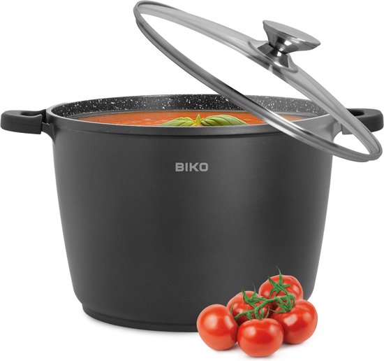BIKO® AD28 Soeppan Inductie - Bakpan Inductie - Braadpan - Ø 28 cm - 10,5 Liter Kookpan Met Glazen Deksel - Voor Alle Warmtebronnen - Antiaanbaklaag - Aluminium - Zwart