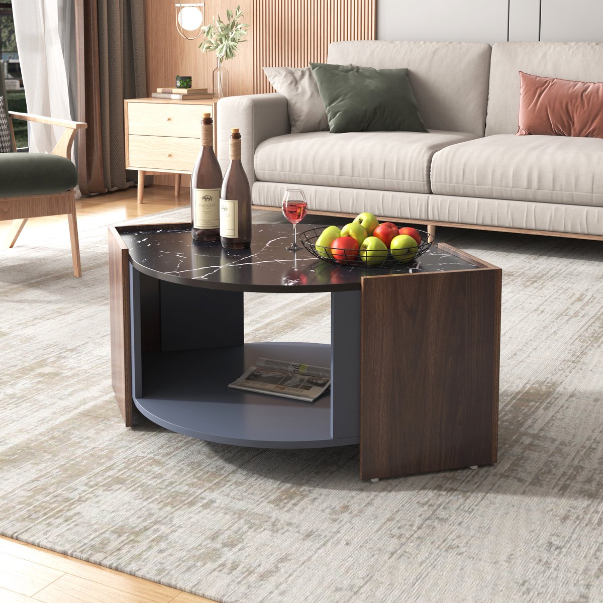 Gutent Salontafel, Zwart en Hout, Spaanplaatmateriaal, Gestructureerde Salontafel met Contrasterende marmeren aders en walnootkleur, woonkamertafel met unieke lijnen