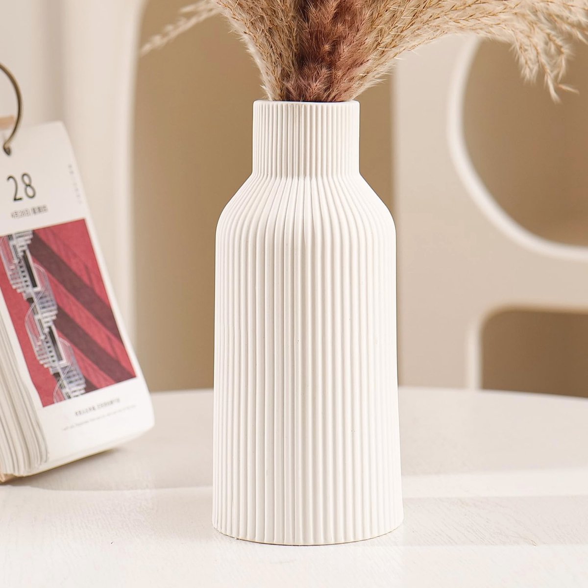 Moderne Keramische Vaas voor Pampasgras - Wit, Mat, 20 cm - Boho Decoratie voor Woonkamer en Slaapkamer