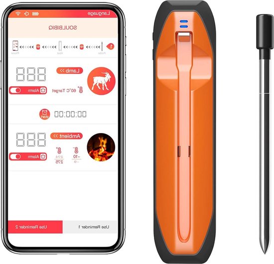 Draadloze vleesthermometer voor grillen en roken, vleesthermometer, intelligente voedselsonde, voor barbecue, oven, barbecue, rookoven, vacuüm, blauw