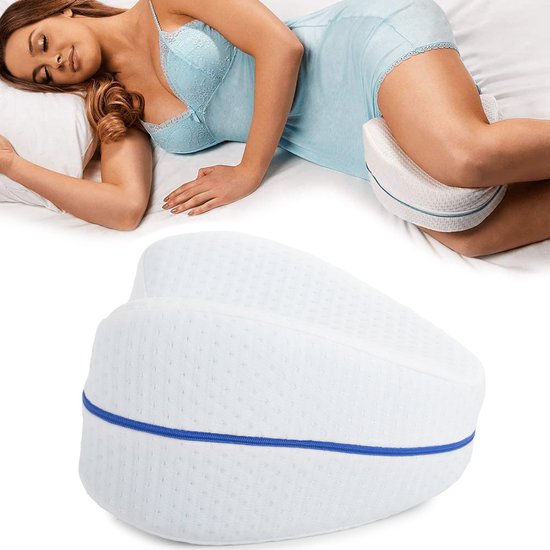 Wit contour kussen met blauwe rits, in gebruik door zijslaper.
