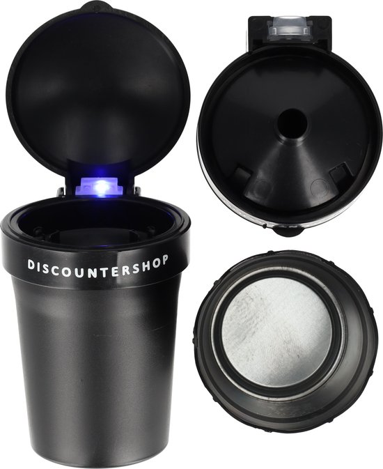 Zwarte auto-asbak, open met blauwe led, onderdelen apart, Discountershop logo.