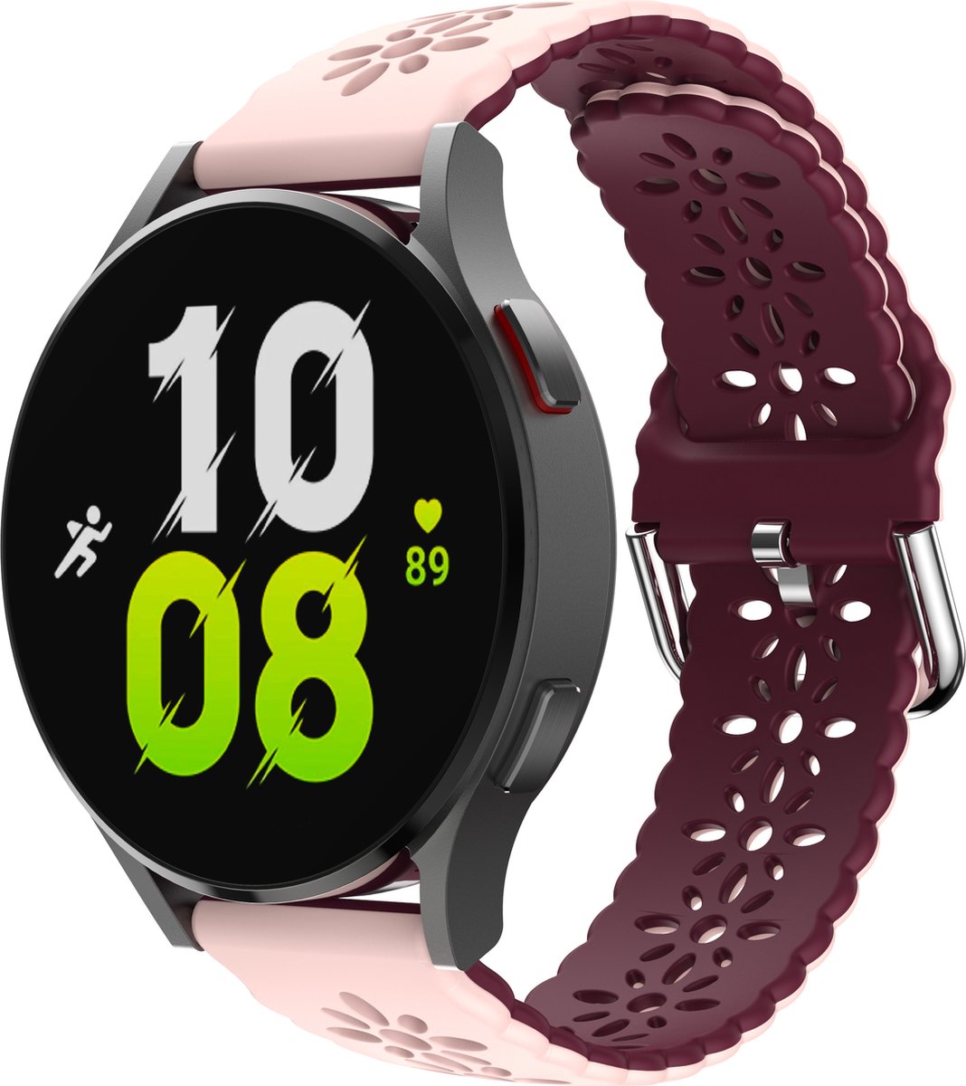 Stravo Siliconen Sport bandje - Roze/rood - Verstelbare Armbandje met Snelle 20 mm Bloemenprint - voor Galaxy Watch 7 (40 & 44mm)/Watch 6 (Classic)/Watch 5 (Pro)/Watch 4 (Classic)/Watch 3 41mm/Watch 1 42mm/Watch Active/Watch FE/Gear Sport