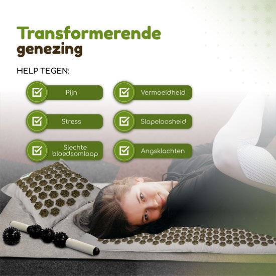 Blue Lotus XL Spijkermat met kussen, tas, massagebal en roller in grijs
