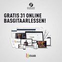 Afbeelding met tekst 'GRATIS 31 ONLINE BASGITAARLESSEN!' en diverse schermen met online cursusmateriaal.