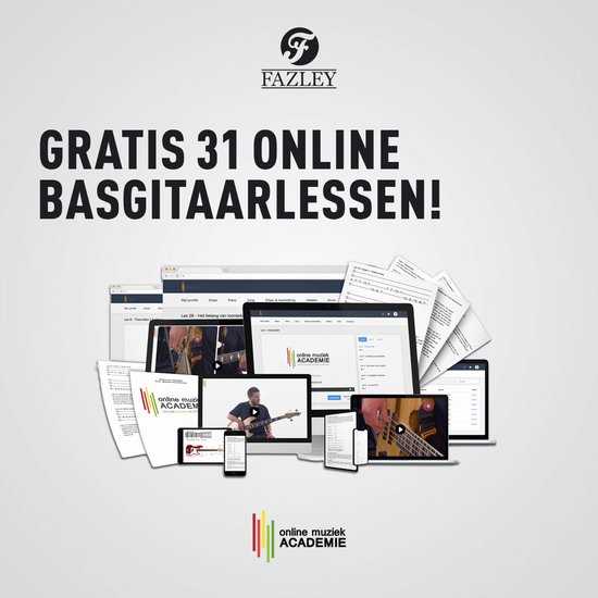 Afbeelding met tekst 'GRATIS 31 ONLINE BASGITAARLESSEN!' en diverse schermen met online cursusmateriaal.