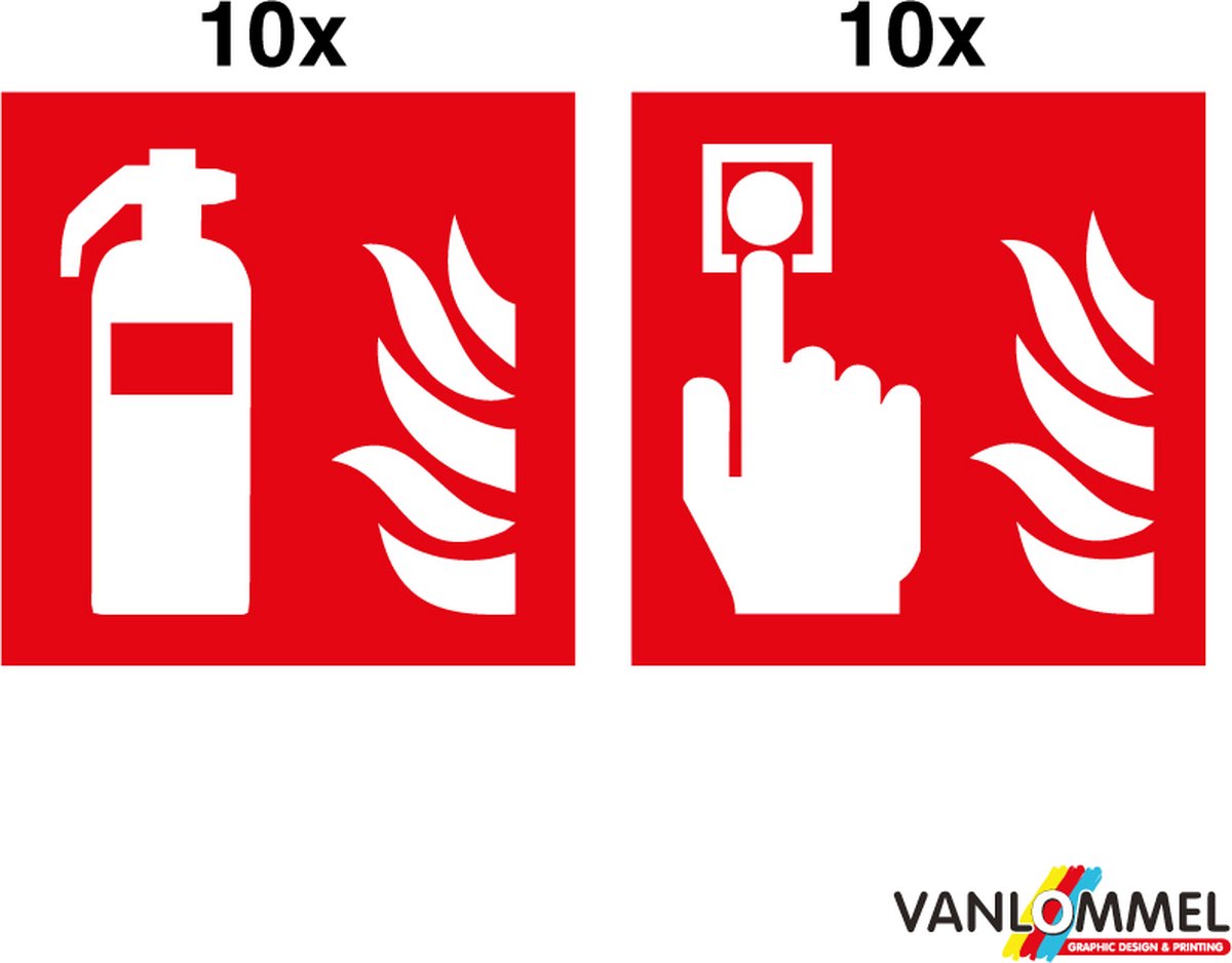 Pictogrambord Brandblusser & Brandmelder – ISO 7010 – 100×100 mm (2× 10 stuks) – Polystyreen 2 mm – Binnengebruik
