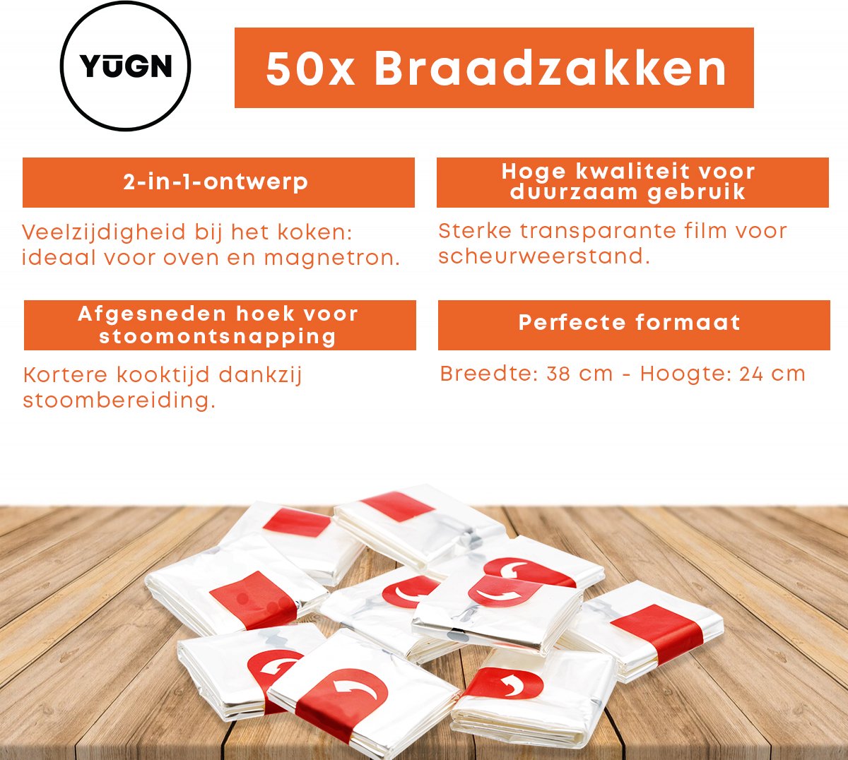 YUGN 50 Braadzakken Voor in de Oven – Braadzak 50 stuks – 2-in-1 Oven En Magnetron – Kookzak 38 x 24 cm – Inclusief sluitstrips - eBook toegang — afbeelding 3