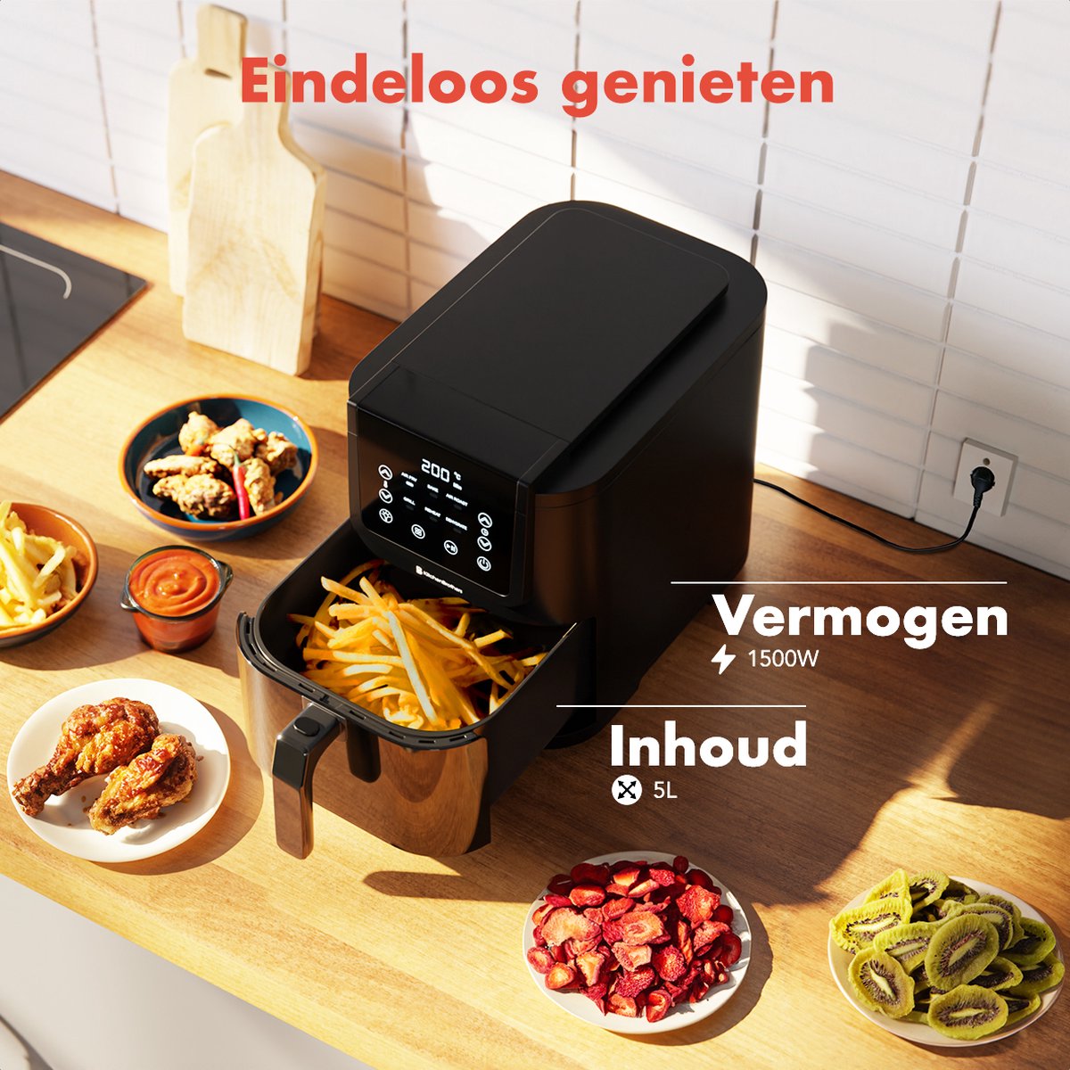 Afbeelding 3 van KitchenBrothers Airfryer XL - 1500W - 5L - Heteluchtfriteuse - 60ºC tot 200ºC - Met kijkvenster - Compact design - Extra stil - 6 Kookprogramma's - Zwart