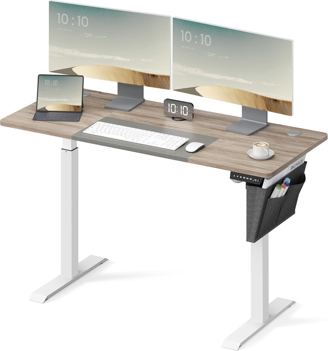 FurnStar - Verstelbaar bureau - In hoogte verstelbaar bureau elektrisch - bureau tafel - verstelbaar bureau elektrisch - , 60 x 140 x (72-120) cm - geheugenfunctie voor 4 hoogtes - voor thuiskantoor - werkkamer - Basiswit + greige.