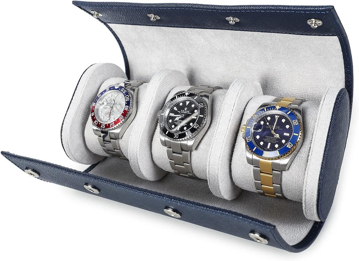 Opberghorloge case voor 3 horloges - Handgemaakt echt lederen reishorloge case - Verwijderbare kussens - Blauw