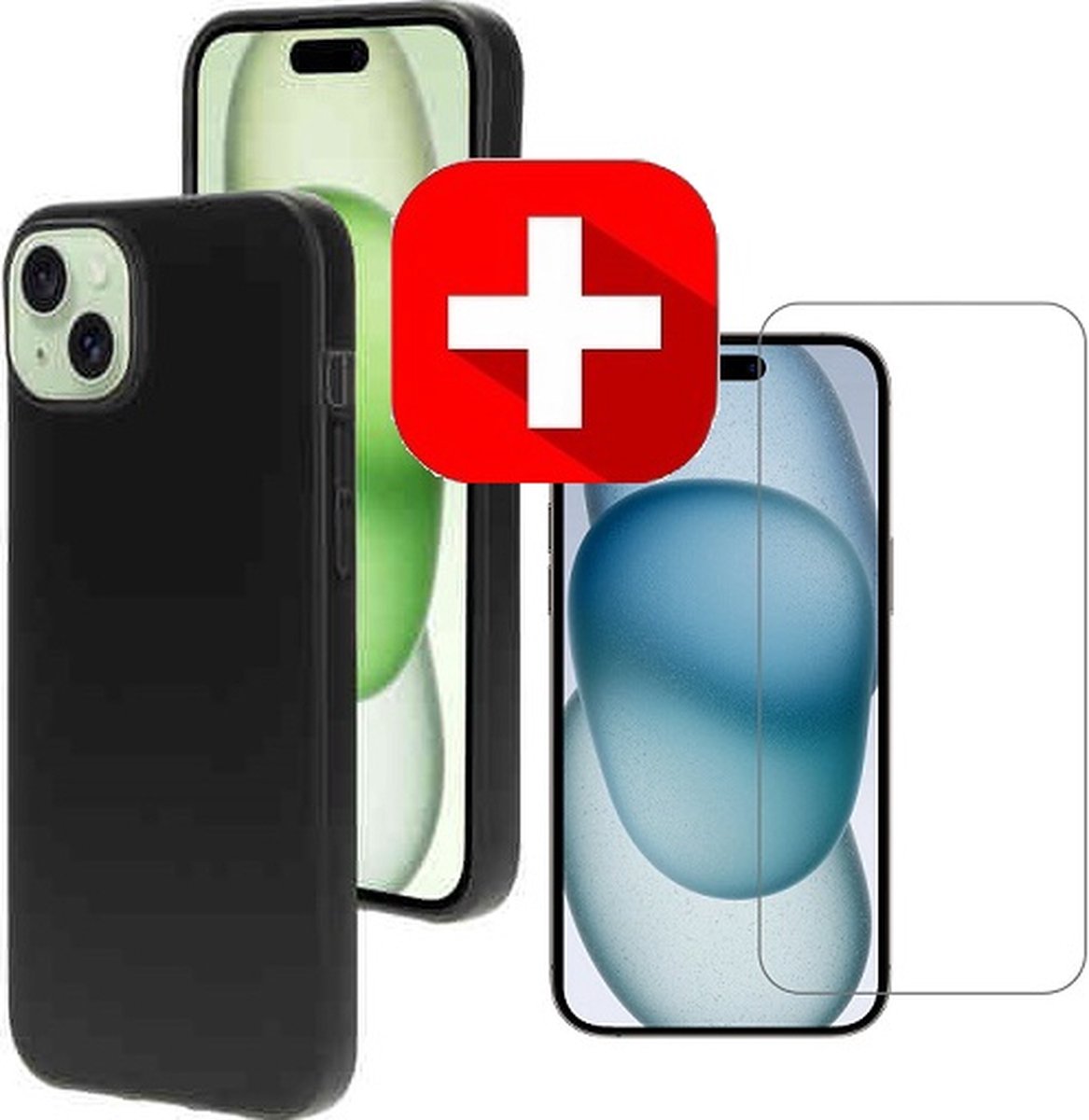 iPhone 15 Hoesje Siliconen Zwart + Screenprotector