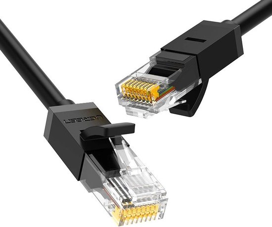 Deux câbles réseau UTP noirs avec connecteurs RJ45 transparents.
