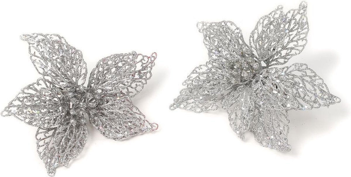 6x stuks decoratie kerstster bloemen zilver glitter op clip 18 cm - Decoratiebloemen/kerstboomversiering/kerstversiering