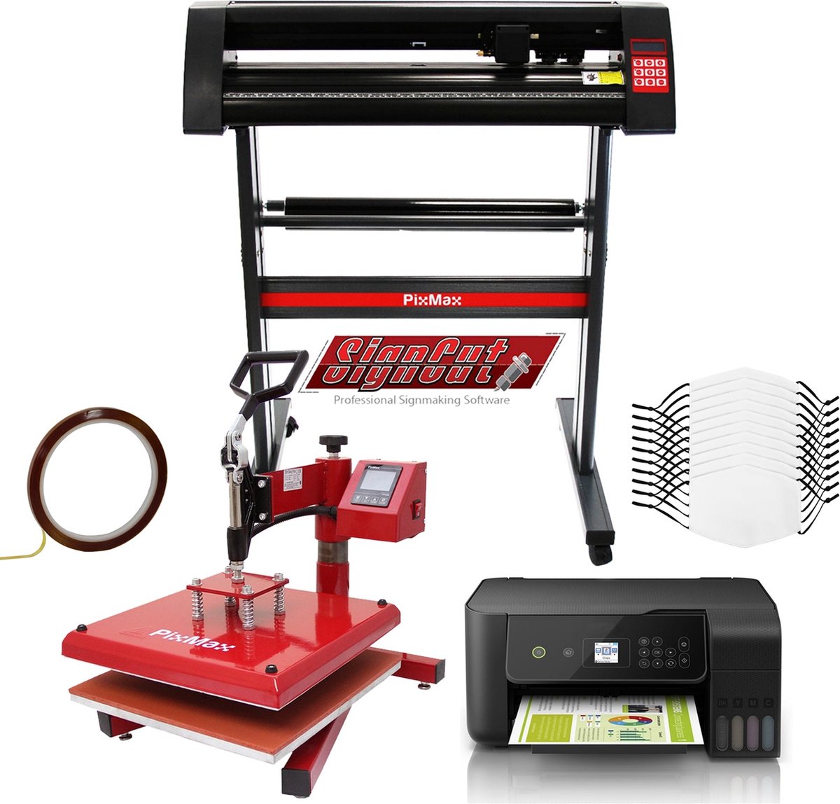 10 Gezichtsmaskers, Swing Heat Press, Eco Tank Printer, Vinylsnijder & Signcut Pro