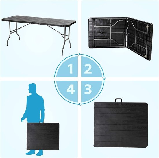 Inklapbare Buffettafel 181 x 755 x 73 cm - Rotan-Look - Campingtafel Partytafel - Klaptafel Tuintafel - Draaggreep - Tuin Balkon Terras - Zwart vouwtafel — afbeelding 5