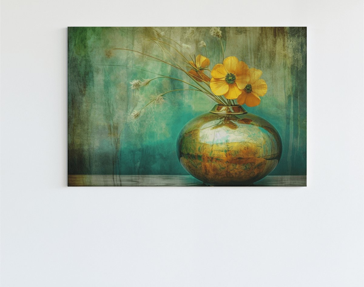 Trendex Global Canvas Schilderij - Kunst - Vaas en Gele Bloemen - 90x60x2 cm Groen