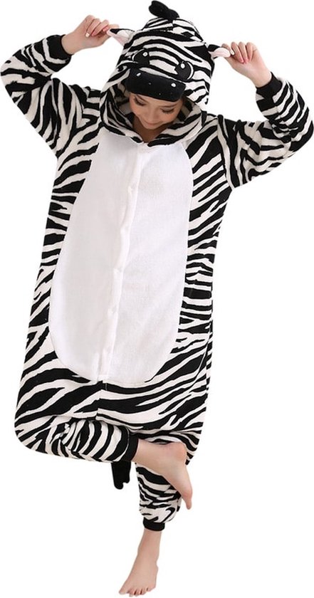 Zebra Onesie Pak Kostuum Outfit Huispak Jumpsuit Verkleedpak - Verkleedkleding - Halloween & Carnaval - SnugSquad - Kinderen & Volwassenen - Unisex - Maat XXS voor Lichaamslengte (115 - 130 cm)