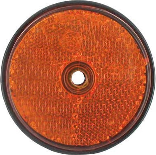 Oranje ronde reflector met een schroefgat in het midden, omrand met zwart.