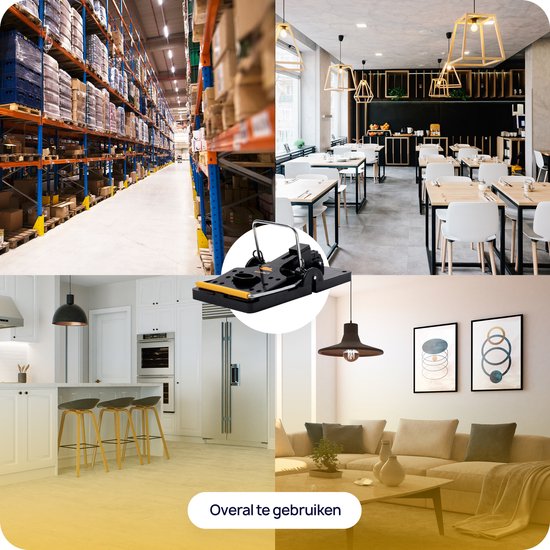 Collage van een magazijn, een restaurant, een keuken en een woonkamer met een rattenval in het midden.