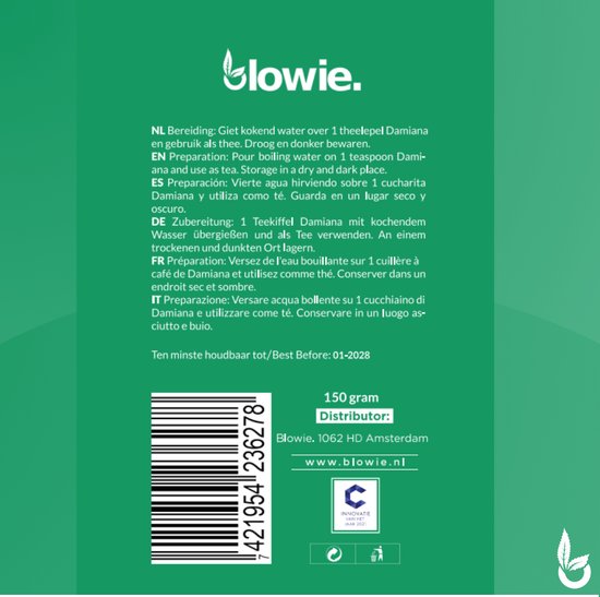Blowie® Damiana finement coupée - 150 grammes - Feuille de Damiana séchée - Mélange d'herbes à Thee