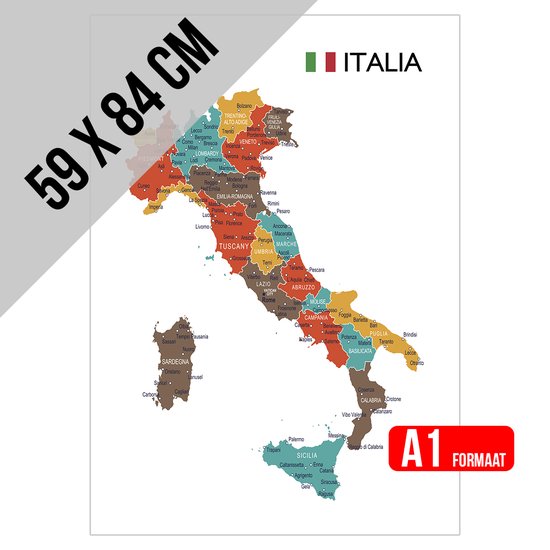 Affiche/dossier plastique Italie | 59 x 84 cm | Taille A1 | Carte | Italie | Régions et villes | Géographie | Carte | Italie | Anglais | 1 pièce