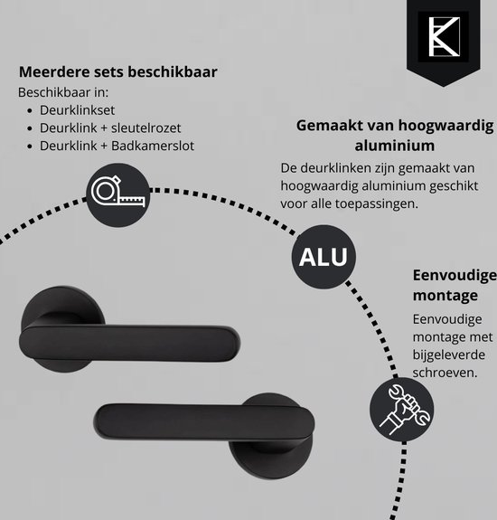 Zwarte deurklinken met rond rozet, gemaakt van aluminium. Eenvoudige montage met schroeven.