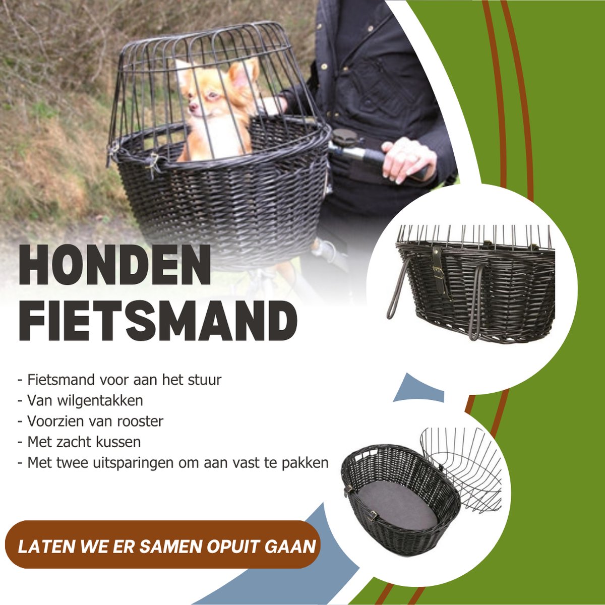 Honden Fietsmand - Voorop de fiets - Rieten - Wilgentenen - Met