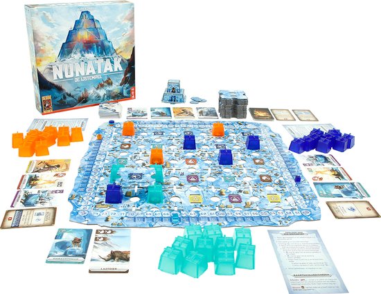 Bordspel met box 'Nunatak De IJstempel'. Oranje, blauwe en turkooizen torens op een blauw ijzig bord met kaarten en pionnen.