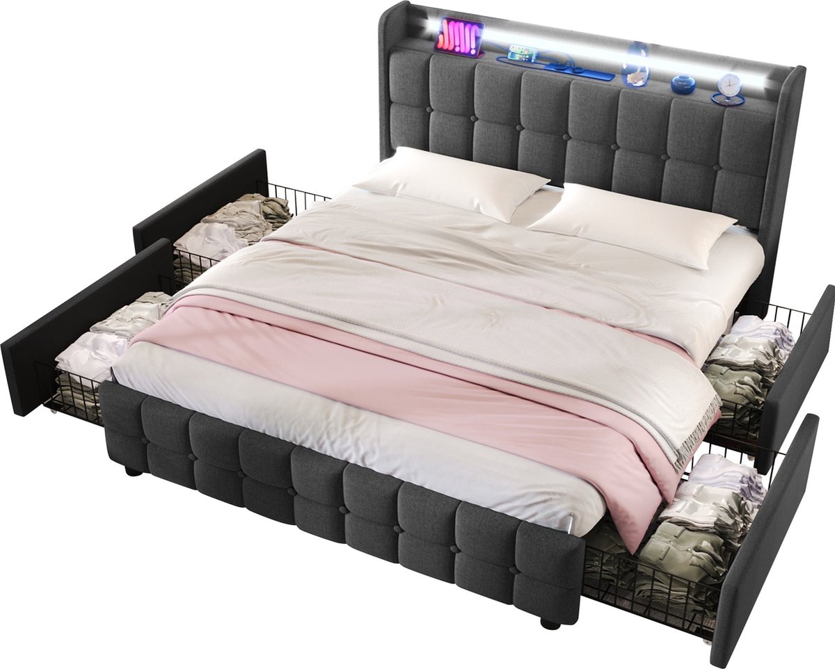 Merax Gestoffeerd Bed 140 x 200 cm met USB Oplaadfunctie en LED Verlichting - Bed met 4 Opbergladen - Houten Lattenbodem in Grijs