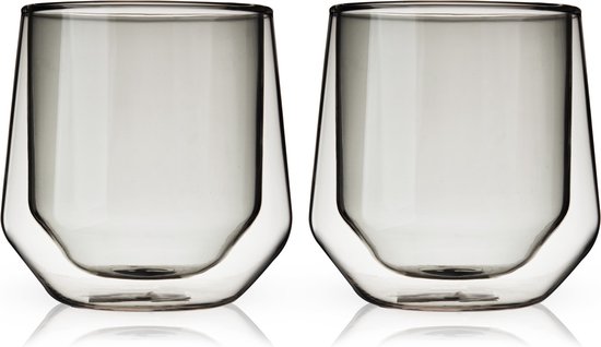 Deux verres fumés à double paroi vides avec une base réfléchissante.