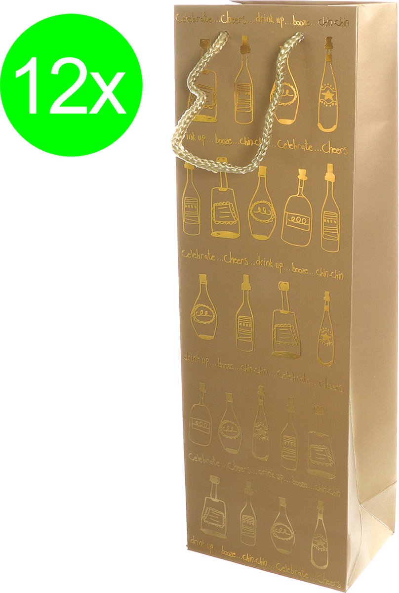 12x Wijnfles Cadeautassen – Papieren Draagtassen voor Wijncadeaus (36x12x8)cm, 230 g/m²