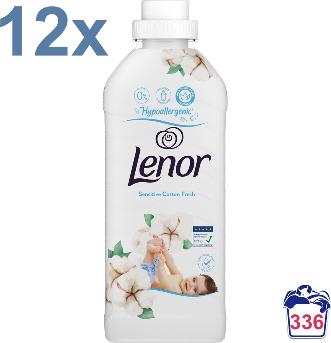 Goedkoopste Lenor - Sensitive Cotton Fresh - Hypoallergenic - Wasverzachter - 12x 700ml - 336 Wasbeurten - Voordeelverpakking